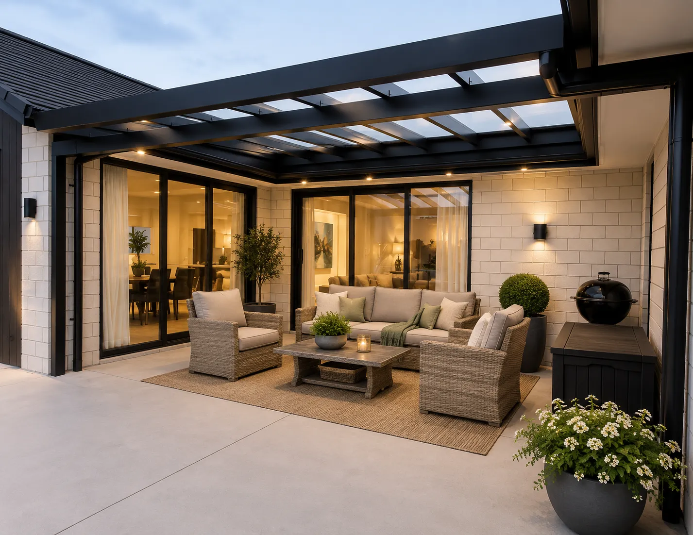 Furnished lounge under a Galaxy aluminium pergola