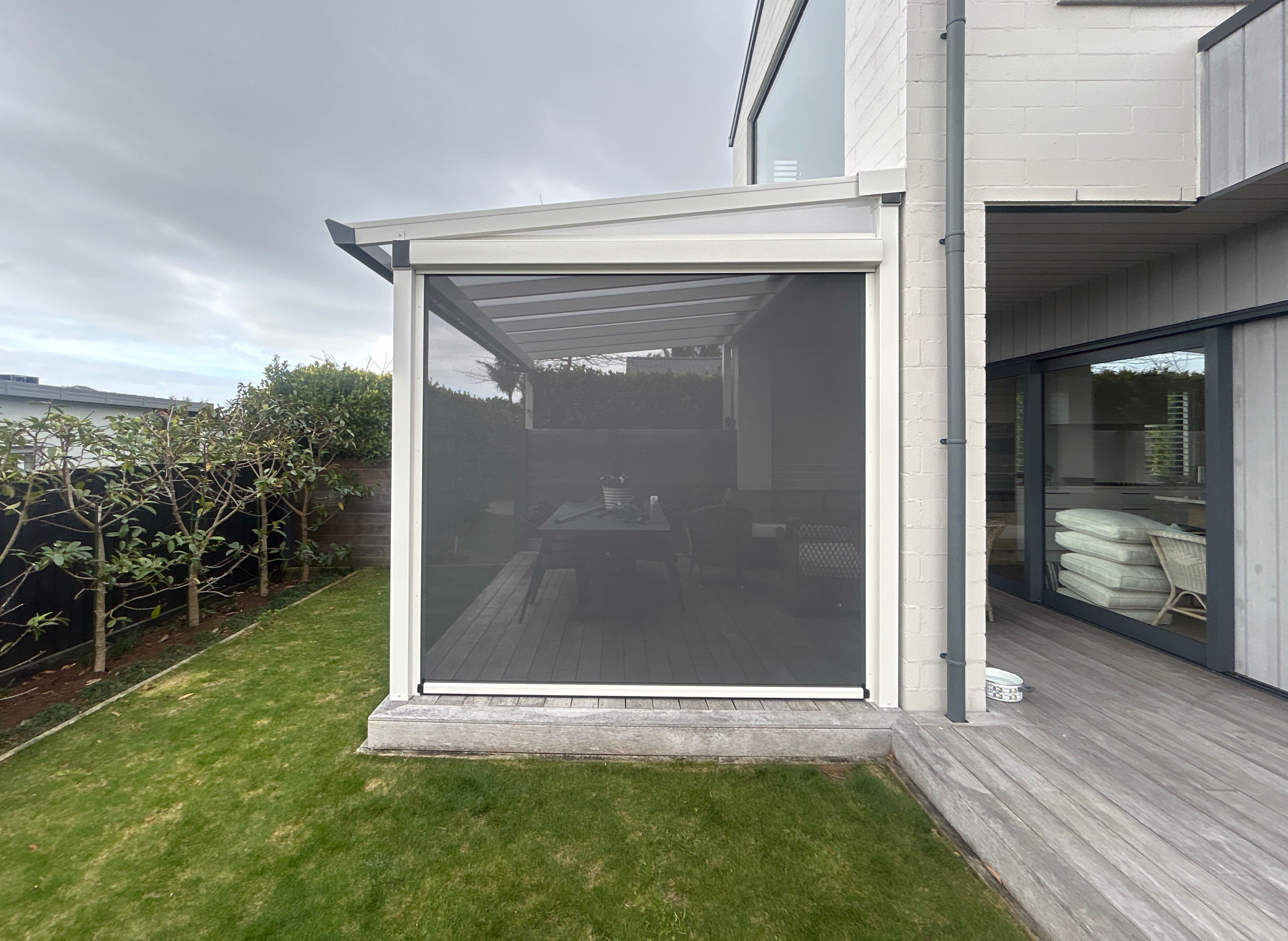 Outdoor blind on a sheltered deck