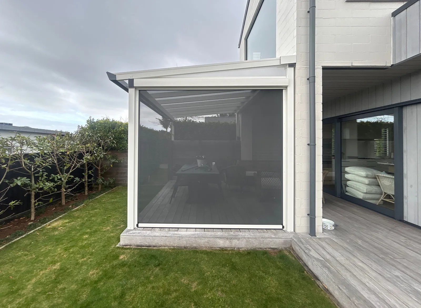 Outdoor blind on a sheltered deck