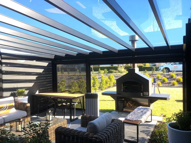 Galaxy aluminium pergola over a furnished deck with rural views