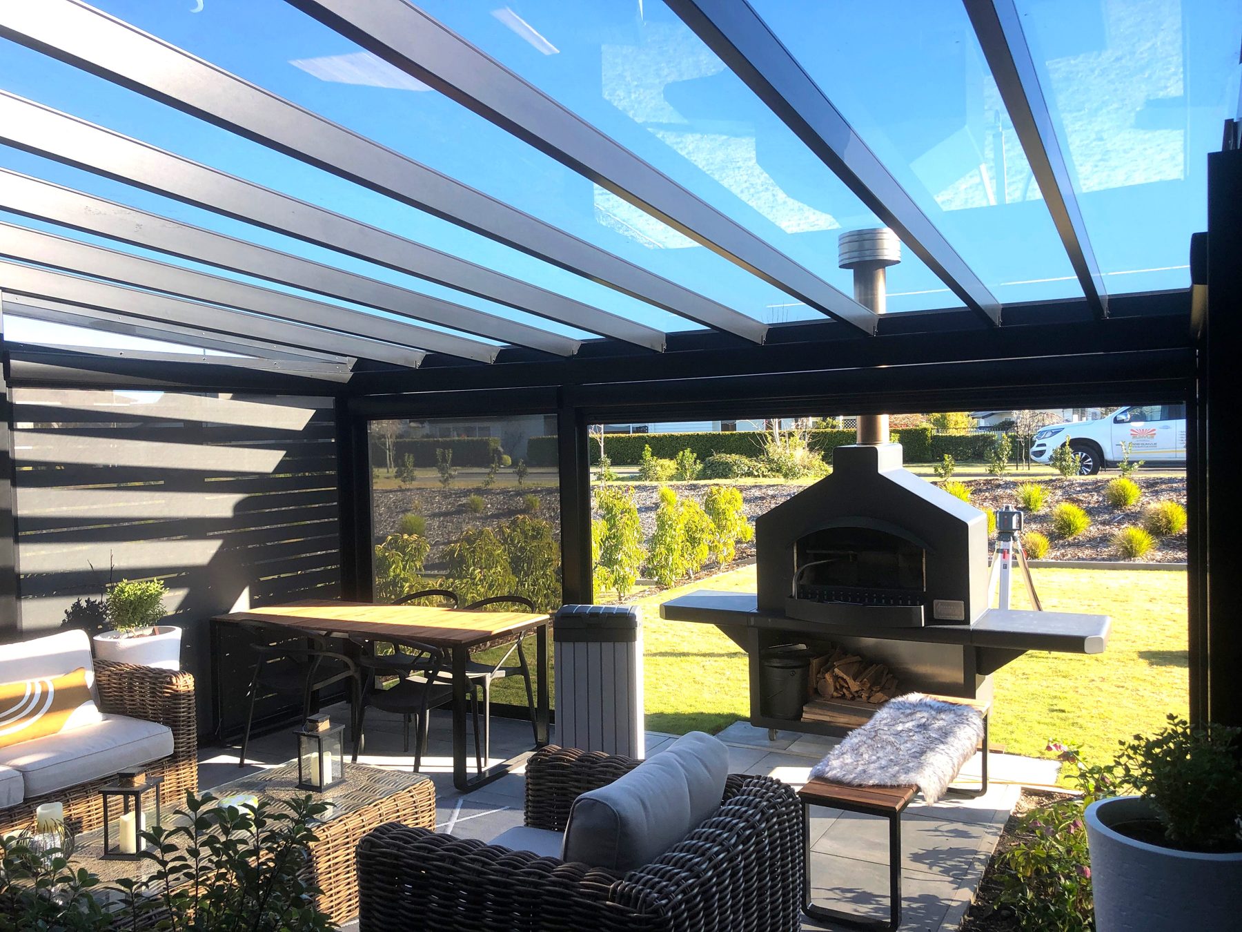 Galaxy aluminium pergola over a furnished deck with rural views