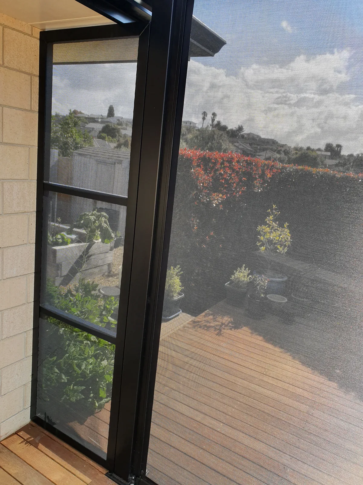 Screened side of a covered outdoor area